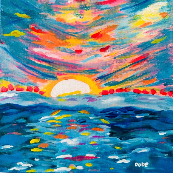Original Painting Abstract Collectible Sunset Ocean 10" x 10" Canvas - Picture 1 of 5